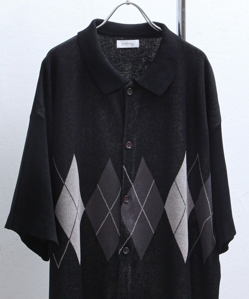 NILWAY(ニルウェイ)の「アーガイル柄オーバーサイズ 半袖 ポロニット(ニット/セーター・メンズ・グレー/グリーン/ネイビー/ブラック/アイボリー・LARGE/MEDIUM)」の13枚目の写真