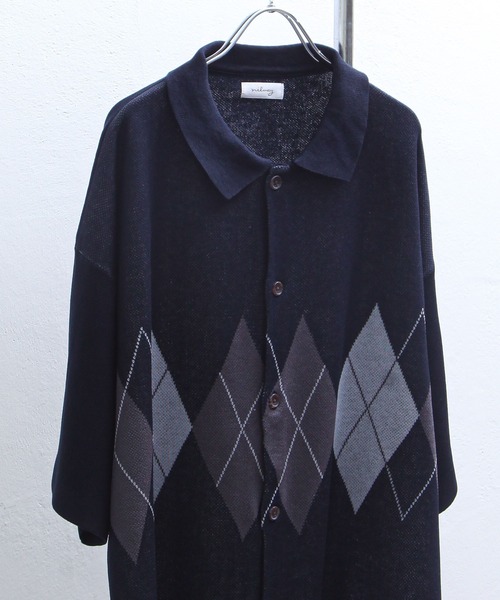 NILWAY(ニルウェイ)の「アーガイル柄オーバーサイズ 半袖 ポロニット(ニット/セーター・メンズ・グレー/グリーン/ネイビー/ブラック/アイボリー・LARGE/MEDIUM)」の8枚目の写真