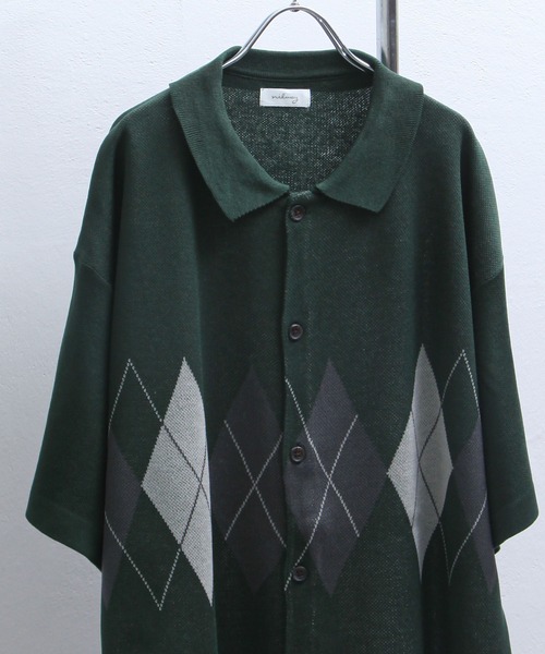 NILWAY(ニルウェイ)の「アーガイル柄オーバーサイズ 半袖 ポロニット(ニット/セーター・メンズ・グレー/グリーン/ネイビー/ブラック/アイボリー・LARGE/MEDIUM)」の11枚目の写真