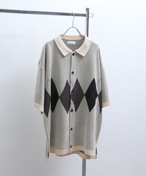 NILWAY(ニルウェイ)の「アーガイル柄オーバーサイズ 半袖 ポロニット(ニット/セーター・メンズ・グレー/グリーン/ネイビー/ブラック/アイボリー・LARGE/MEDIUM)」の19枚目の写真