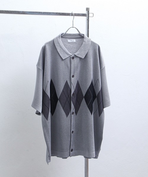 NILWAY(ニルウェイ)の「アーガイル柄オーバーサイズ 半袖 ポロニット(ニット/セーター・メンズ・グレー/グリーン/ネイビー/ブラック/アイボリー・LARGE/MEDIUM)」の21枚目の写真