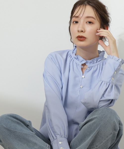 N.（N. Natural Beauty Basic）（エヌエヌナチュラルビューティーベーシック）の「◆スタンドフリルネックブラウス（シャツ/ブラウス・レディース・ストライプ/ライトグリーン/オフホワイト・MEDIUM）」の3枚目の写真