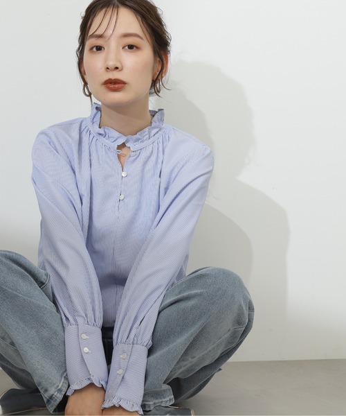 N.（N. Natural Beauty Basic）（エヌエヌナチュラルビューティーベーシック）の「◆スタンドフリルネックブラウス（シャツ/ブラウス・レディース・ストライプ/ライトグリーン/オフホワイト・MEDIUM）」の10枚目の写真