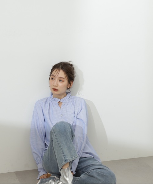 N.（N. Natural Beauty Basic）（エヌエヌナチュラルビューティーベーシック）の「◆スタンドフリルネックブラウス（シャツ/ブラウス・レディース・ストライプ/ライトグリーン/オフホワイト・MEDIUM）」の11枚目の写真