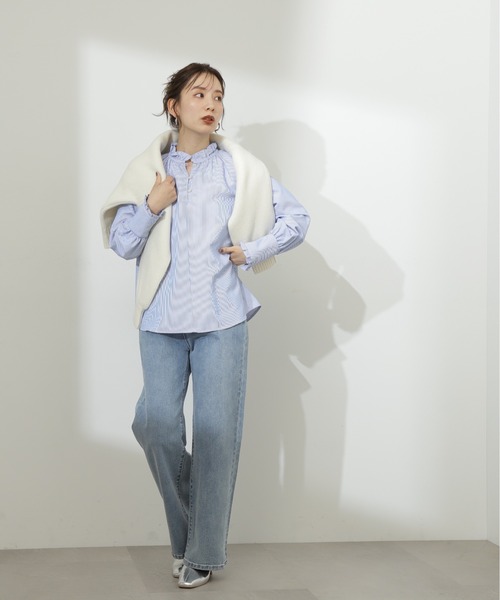 N.（N. Natural Beauty Basic）（エヌエヌナチュラルビューティーベーシック）の「◆スタンドフリルネックブラウス（シャツ/ブラウス・レディース・ストライプ/ライトグリーン/オフホワイト・MEDIUM）」の12枚目の写真