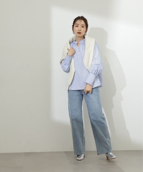 N.（N. Natural Beauty Basic）（エヌエヌナチュラルビューティーベーシック）の「◆スタンドフリルネックブラウス（シャツ/ブラウス・レディース・ストライプ/ライトグリーン/オフホワイト・MEDIUM）」の13枚目の写真