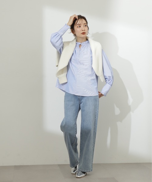 N.（N. Natural Beauty Basic）（エヌエヌナチュラルビューティーベーシック）の「◆スタンドフリルネックブラウス（シャツ/ブラウス・レディース・ストライプ/ライトグリーン/オフホワイト・MEDIUM）」の14枚目の写真