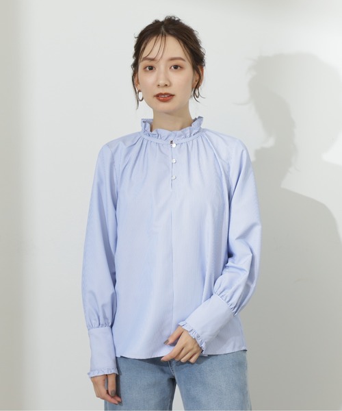 N.（N. Natural Beauty Basic）（エヌエヌナチュラルビューティーベーシック）の「◆スタンドフリルネックブラウス（シャツ/ブラウス・レディース・ストライプ/ライトグリーン/オフホワイト・MEDIUM）」の4枚目の写真