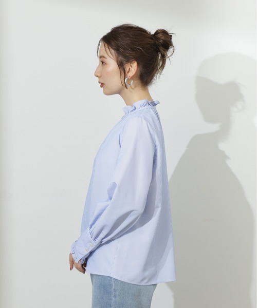 N.（N. Natural Beauty Basic）（エヌエヌナチュラルビューティーベーシック）の「◆スタンドフリルネックブラウス（シャツ/ブラウス・レディース・ストライプ/ライトグリーン/オフホワイト・MEDIUM）」の5枚目の写真