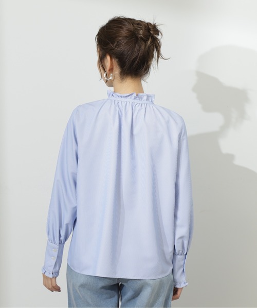 N.（N. Natural Beauty Basic）（エヌエヌナチュラルビューティーベーシック）の「◆スタンドフリルネックブラウス（シャツ/ブラウス・レディース・ストライプ/ライトグリーン/オフホワイト・MEDIUM）」の6枚目の写真