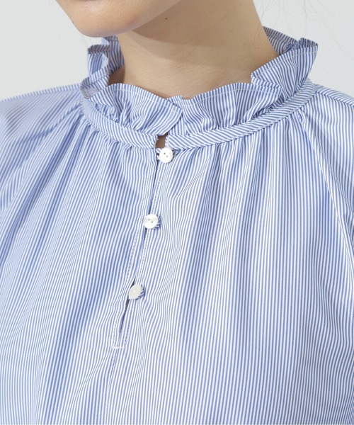 N.（N. Natural Beauty Basic）（エヌエヌナチュラルビューティーベーシック）の「◆スタンドフリルネックブラウス（シャツ/ブラウス・レディース・ストライプ/ライトグリーン/オフホワイト・MEDIUM）」の7枚目の写真
