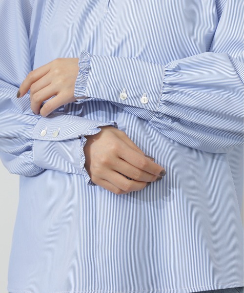 N.（N. Natural Beauty Basic）（エヌエヌナチュラルビューティーベーシック）の「◆スタンドフリルネックブラウス（シャツ/ブラウス・レディース・ストライプ/ライトグリーン/オフホワイト・MEDIUM）」の9枚目の写真