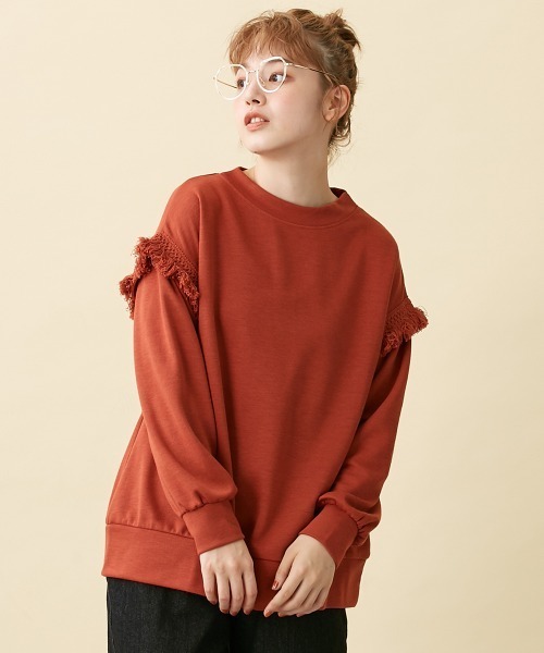 Le temps riche(ルタンリッシュ)の「レイヤード風フリンジプルオーバー <Le temps riche>(Tシャツ/カットソー・レディース・レンガ/ブラック・LL/M/L)」の1枚目の写真