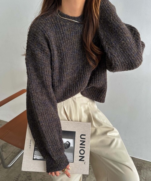 新品未使用　NKNIT short ♡patternニット　グレー セール】【新色追加】ショート丈ミックスカラー長袖ニット