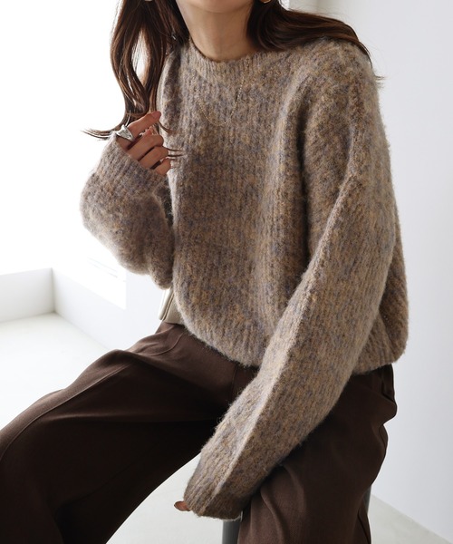 セール】【新色追加】ショート丈ミックスカラー長袖ニットトップス