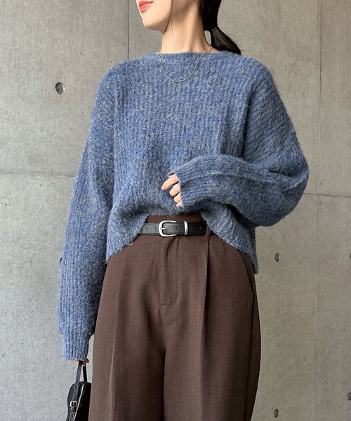 セール】【新色追加】ショート丈ミックスカラー長袖ニットトップス