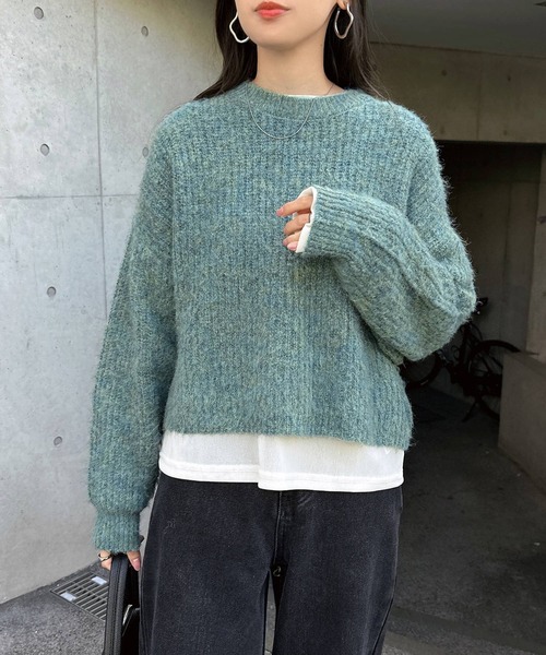 セール】【新色追加】ショート丈ミックスカラー長袖ニットトップス