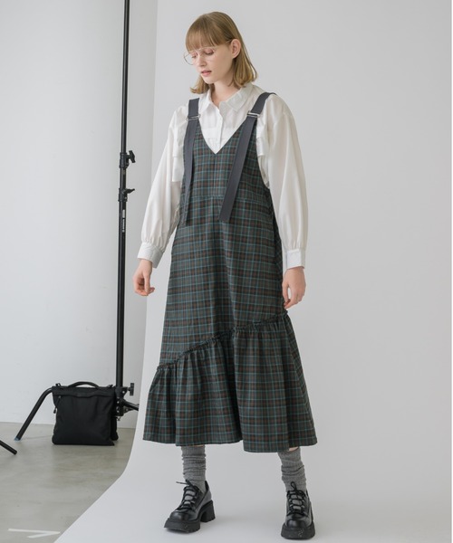 suspenders tiered check jumper skirt/チェック柄ジャンパー