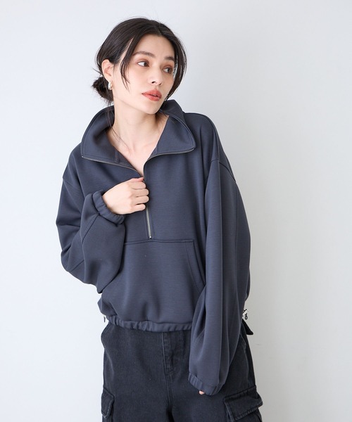 BAYFLOW(ベイフロー)の「ハーフZIPショートプルオーバー(スウェット・レディース・オレンジ/ダークブルー/ライトグレー/チャコール・FREE)」の3枚目の写真