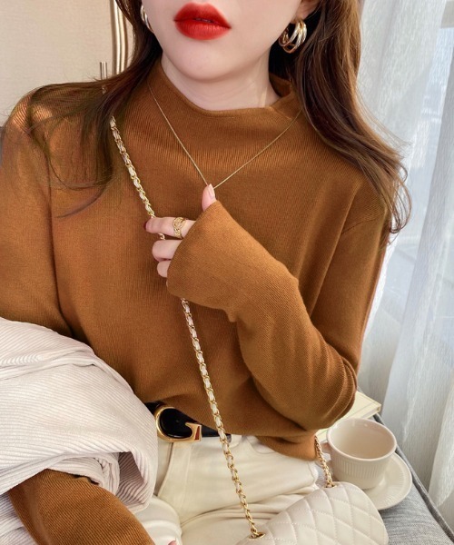 COCOMOMO(ココモモ)の「ハイネックニットトップス レイヤードトップス ニット ハイネック 長袖(ニット/セーター・レディース・ダークグレー/オレンジ/ホワイト/グリーン系/ブラウン/ライトブラウン/ブラック・FREE)」の7枚目の写真