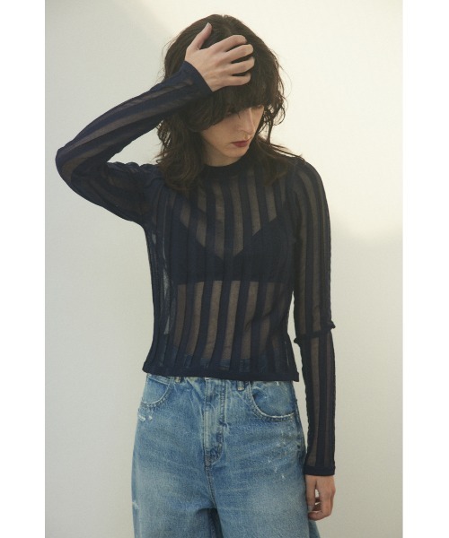 BLACK BY MOUSSY(ブラックバイマウジー)の「sheer stripe tops(シアーストライプトップス)(ニット/セーター・レディース・ネイビー/ブルー/オフホワイト/オレンジ・FREE)」の2枚目の写真
