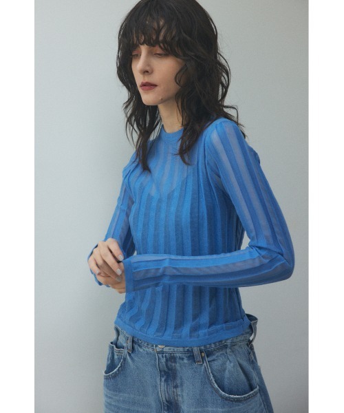 BLACK BY MOUSSY(ブラックバイマウジー)の「sheer stripe tops(シアーストライプトップス)(ニット/セーター・レディース・ネイビー/ブルー/オフホワイト/オレンジ・FREE)」の3枚目の写真