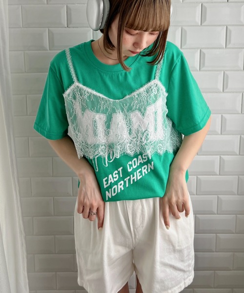 セール】レースキャミレイヤードロックTシャツ（Tシャツ
