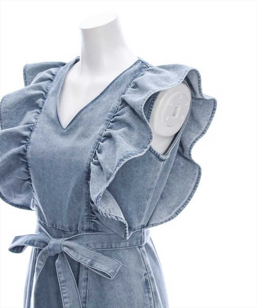 clear（クリア）の「デニムフリルロンパース（つなぎ/オールインワン・レディース・ライトブルー/インディゴブルー・F）」の4枚目の写真