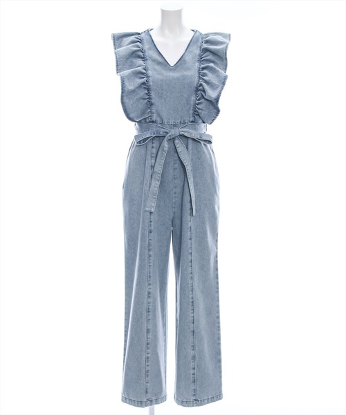 clear（クリア）の「デニムフリルロンパース（つなぎ/オールインワン