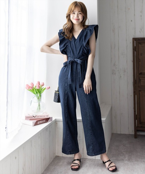 clear（クリア）の「デニムフリルロンパース（つなぎ/オールインワン