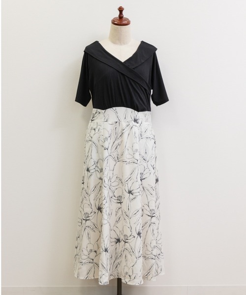 CLETTE(クレット)の「モノトーン花柄ドッキングワンピース(ワンピース・レディース・ブラック/オフホワイト・LL/4L/3L)」の8枚目の写真