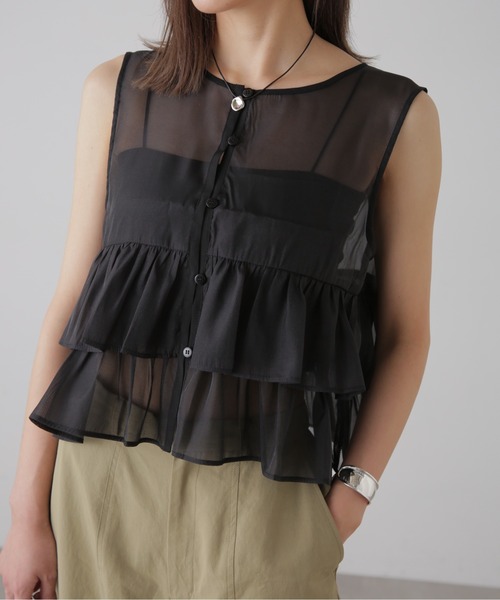 FREE'S MART（フリーズマート）の「オーガンジーペプラムブラウス（シャツ/ブラウス・レディース・ブラック/ライトグリーン/ホワイト・FREE）」の2枚目の写真