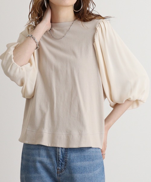 atONE(アットワン)の「atONE 袖口ボリューム布帛切替プルオーバー(Tシャツ/カットソー・レディース・ライトグリーン/グレー系その他/ブラック/オフホワイト/ブルー・M)」の3枚目の写真