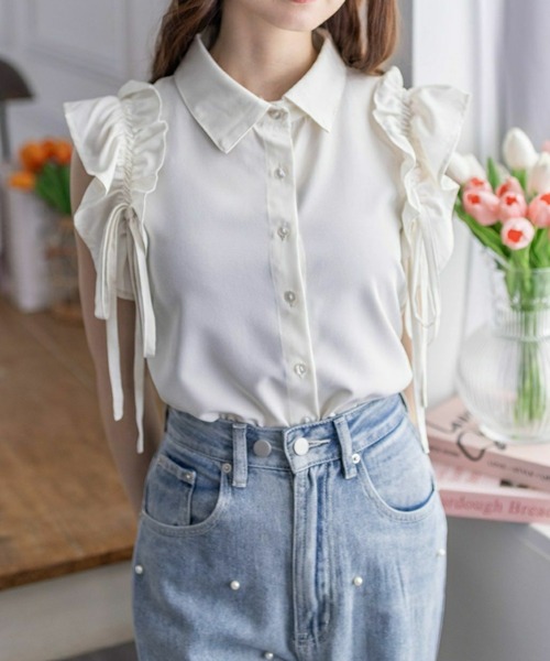 clear（クリア）の「リボン付キフリルノースリーブブラウス［ガーリー バレエコア ヘルシー］≪再入荷≫（シャツ/ブラウス・レディース・ブラック/アイボリー/ブラウン/チャコールグレー・F）」の2枚目の写真