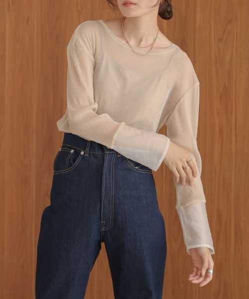 Bab(バブ)の「袖シアーラメベーシックカットソートップス(Tシャツ/カットソー・レディース・ブラック/ブルー/ブラウン/ベージュ/チャコールグレー/ピンク・FREE)」の15枚目の写真