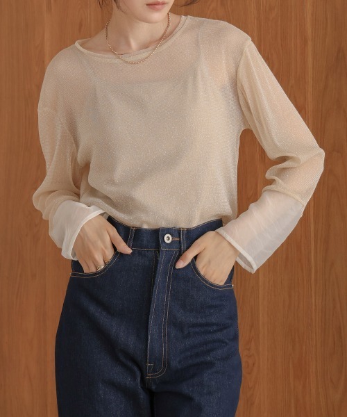 Bab(バブ)の「袖シアーラメベーシックカットソートップス(Tシャツ/カットソー・レディース・ブラック/ブルー/ブラウン/ベージュ/チャコールグレー/ピンク・FREE)」の11枚目の写真