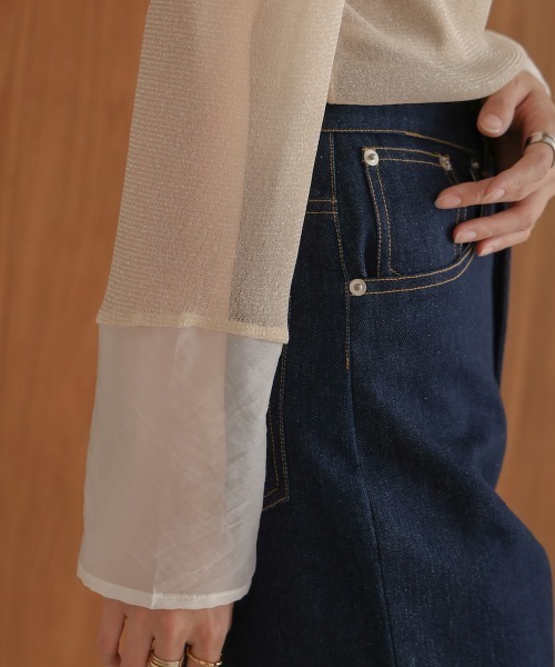 Bab(バブ)の「袖シアーラメベーシックカットソートップス(Tシャツ/カットソー・レディース・ブラック/ブルー/ブラウン/ベージュ/チャコールグレー/ピンク・FREE)」の9枚目の写真