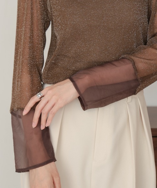 Bab(バブ)の「袖シアーラメベーシックカットソートップス(Tシャツ/カットソー・レディース・ブラック/ブルー/ブラウン/ベージュ/チャコールグレー/ピンク・FREE)」の22枚目の写真