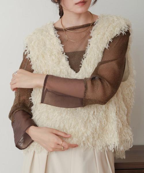 Bab(バブ)の「袖シアーラメベーシックカットソートップス(Tシャツ/カットソー・レディース・ブラック/ブルー/ブラウン/ベージュ/チャコールグレー/ピンク・FREE)」の20枚目の写真