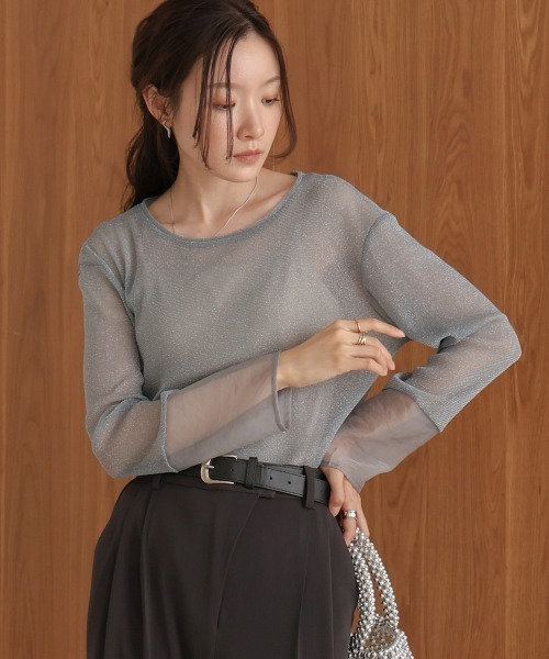 Bab(バブ)の「袖シアーラメベーシックカットソートップス(Tシャツ/カットソー・レディース・ブラック/ブルー/ブラウン/ベージュ/チャコールグレー/ピンク・FREE)」の8枚目の写真