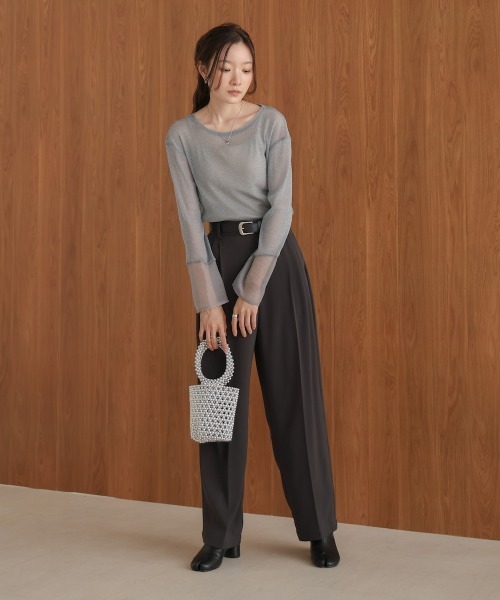 Bab(バブ)の「袖シアーラメベーシックカットソートップス(Tシャツ/カットソー・レディース・ブラック/ブルー/ブラウン/ベージュ/チャコールグレー/ピンク・FREE)」の7枚目の写真