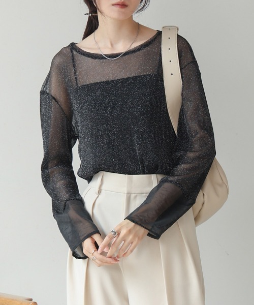 Bab（バブ）の「袖シアーラメベーシックカットソートップス（Tシャツ/カットソー・レディース・ブラック/ブルー/ブラウン/ベージュ/チャコールグレー/ピンク・FREE）」の19枚目の写真