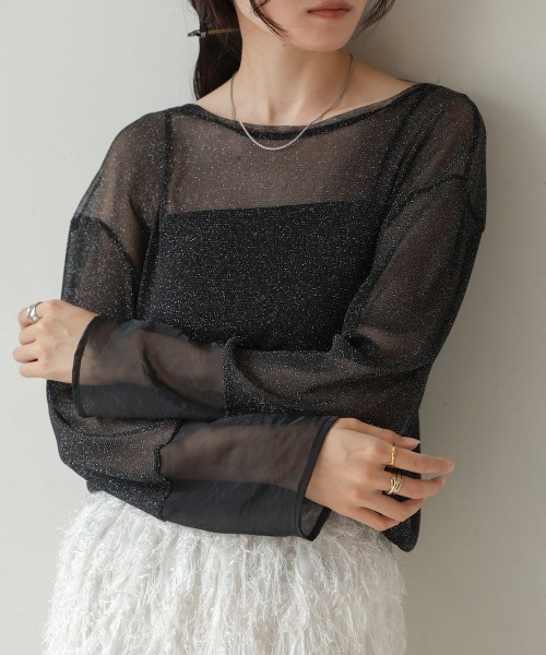 Bab（バブ）の「袖シアーラメベーシックカットソートップス（Tシャツ/カットソー・レディース・ブラック/ブルー/ブラウン/ベージュ/チャコールグレー/ピンク・FREE）」の8枚目の写真