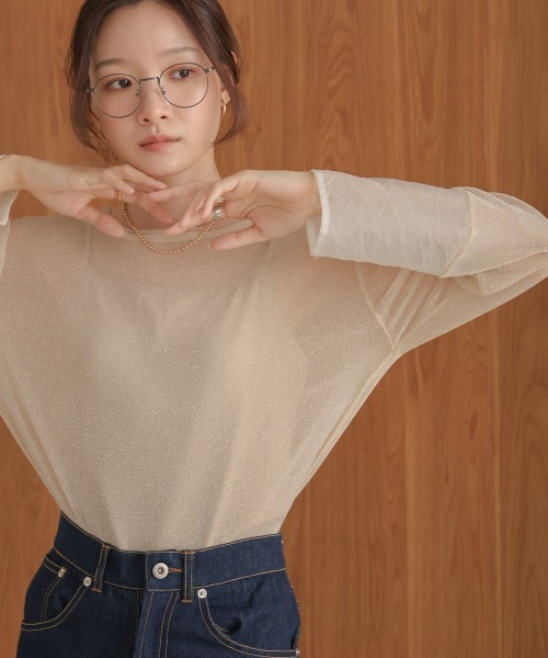 Bab（バブ）の「袖シアーラメベーシックカットソートップス（Tシャツ/カットソー・レディース・ブラック/ブルー/ブラウン/ベージュ/チャコールグレー/ピンク・FREE）」の7枚目の写真