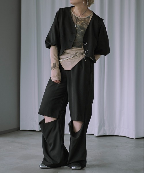 Ezick(エジック)の「Mode moodスリットストレートパンツ(スラックス・レディース・ブラック/グレー・S/M)」の5枚目の写真