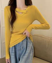 Vネック リブニットトップス 大人秋服