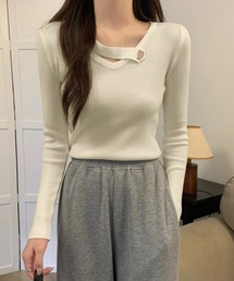 Vネック リブニットトップス 大人秋服