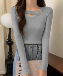 Vネック リブニットトップス 大人秋服