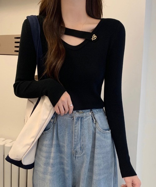 Miniministore(ミニミニストア)の「Vネック リブニットトップス 大人秋服(ニット/セーター・レディース・ブラック/ダークブラウン/アイボリー/イエロー/ライトグレー・FREE)」の7枚目の写真