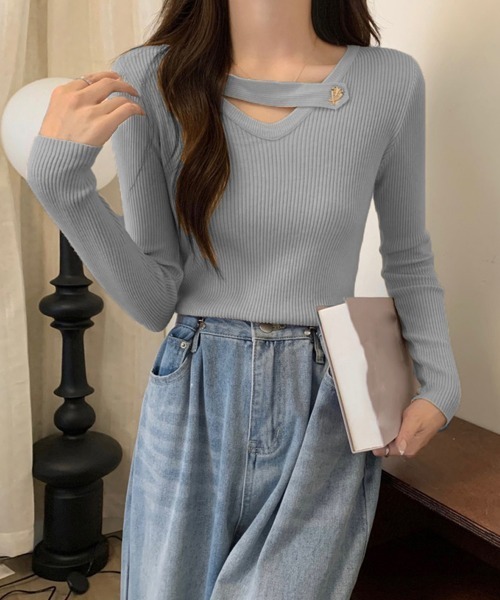 Miniministore(ミニミニストア)の「Vネック リブニットトップス 大人秋服(ニット/セーター・レディース・ブラック/ダークブラウン/アイボリー/イエロー/ライトグレー・FREE)」の9枚目の写真
